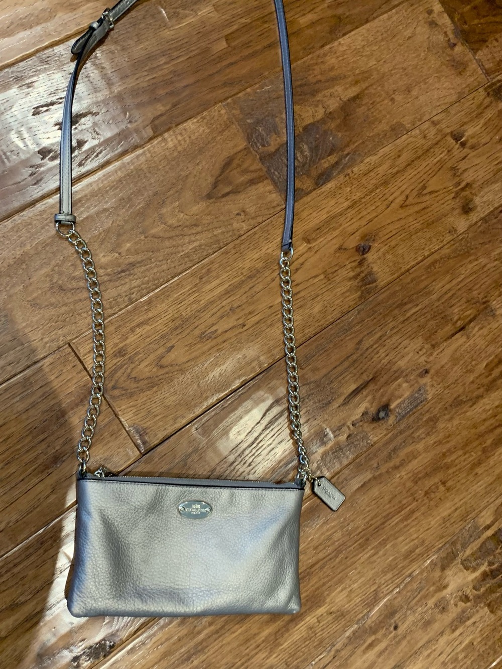Coach Metallic Silver Leather Crossbody with Chain Strap